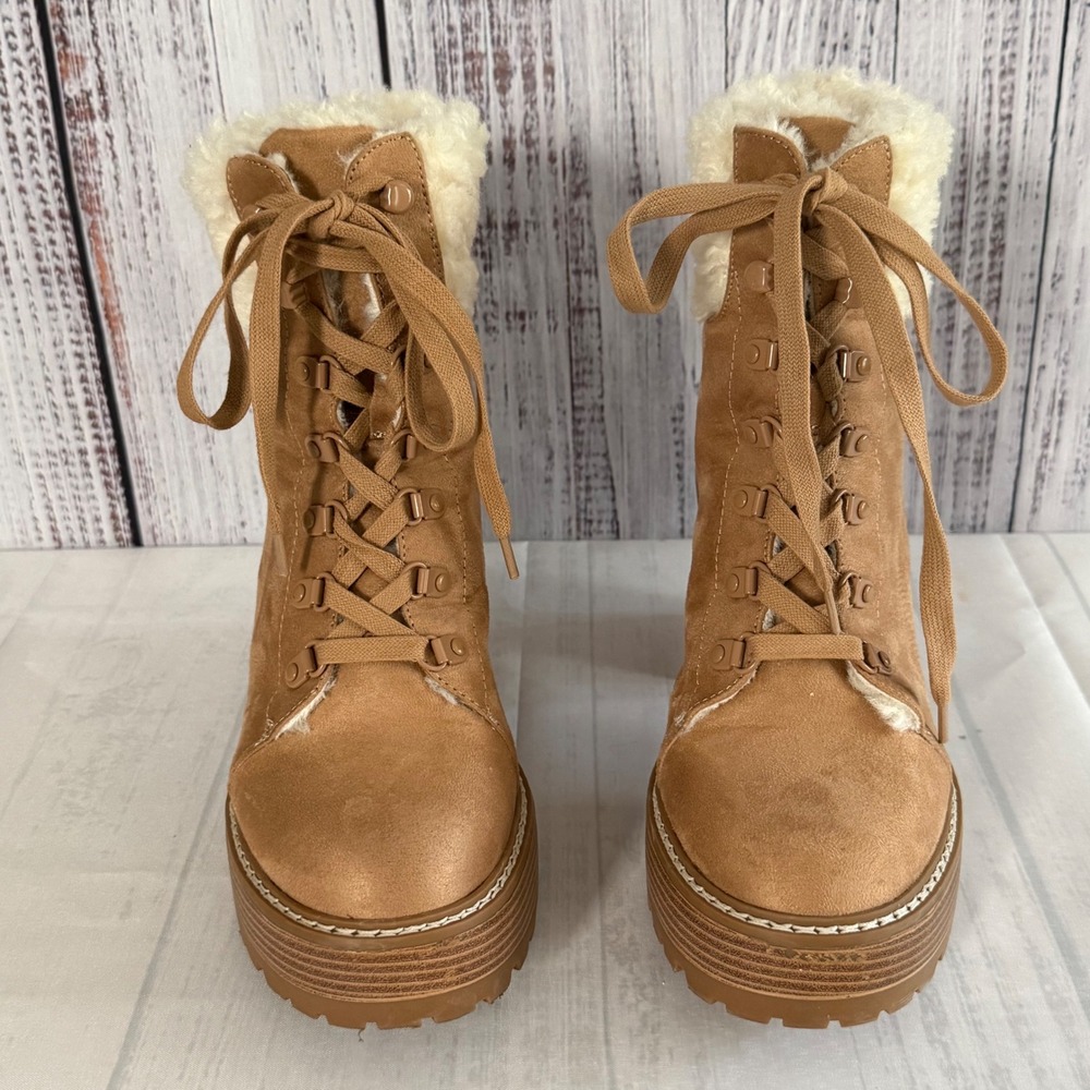 Express Womens Tan Faux Suede Shearling Trim Lace Up Platform Block Heel Boots